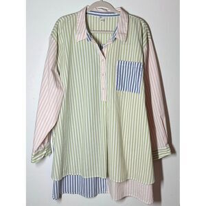 Cato Mixed Pastel Striped Shirt Sz 22 / 24‎ Pink Green 1/2 Button Preppy Retro
